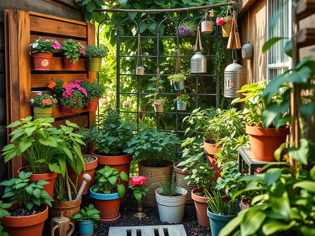 kleine Gartenflächen mit Kübel-Gärtnerei und Upcycling Deko