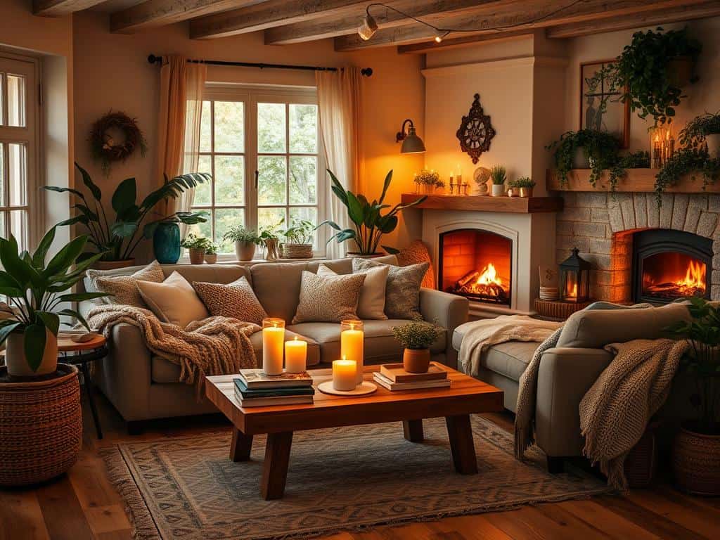 Hygge Lifestyle Raum mit Gemütlichkeit und warmen Lichtquellen