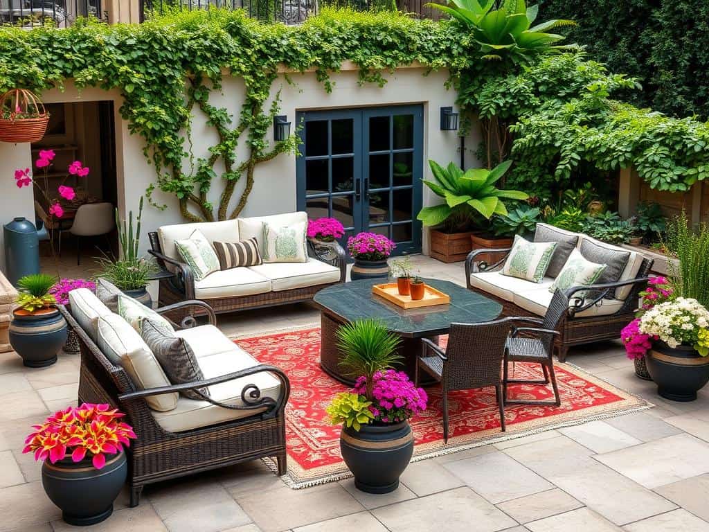 Gartenmöbel und Pflanzen für die Terrasse