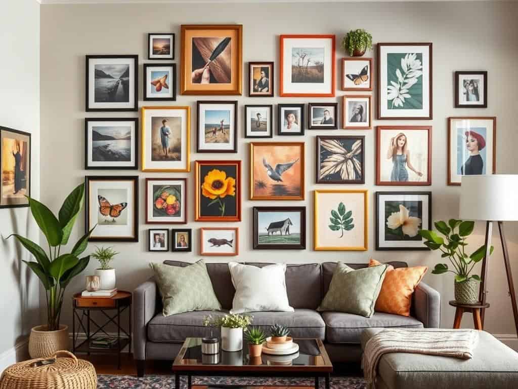 Wanddekoration mit Bildern und Accessoires