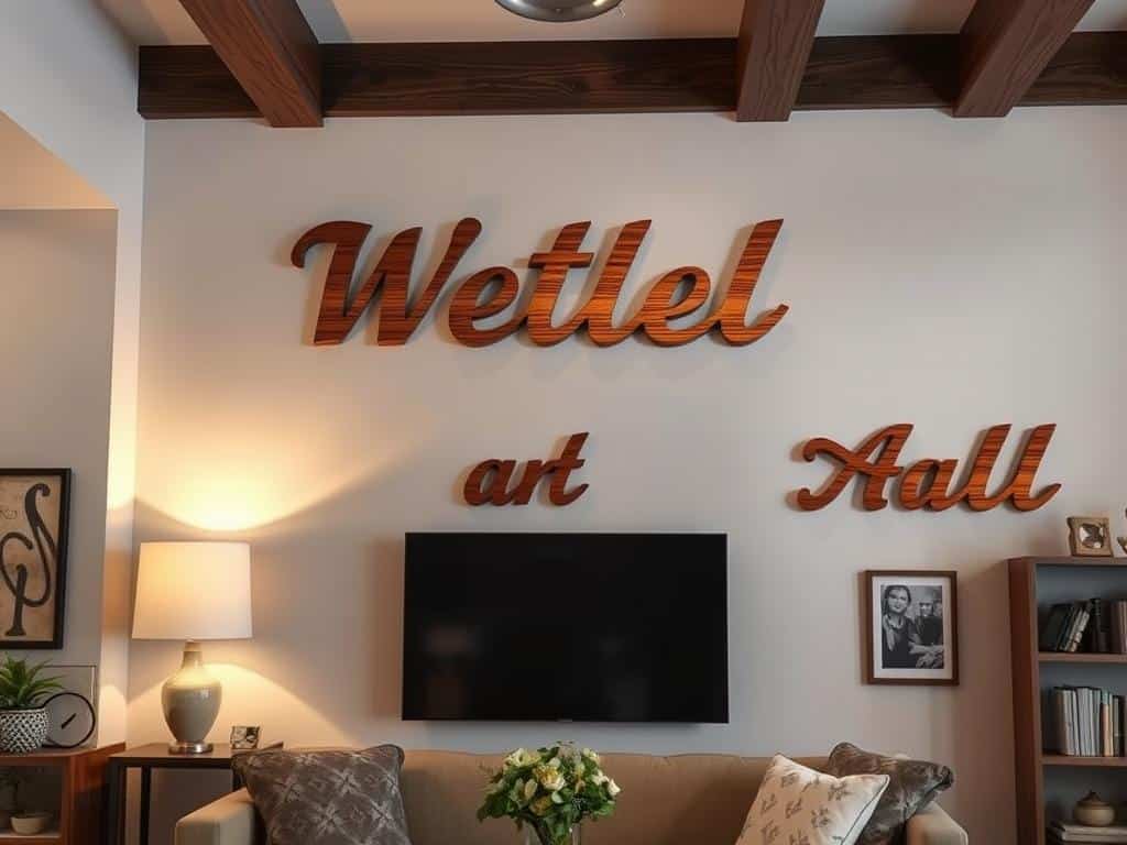 Wandgestaltung mit Holzschriftzügen und Raumwirkung