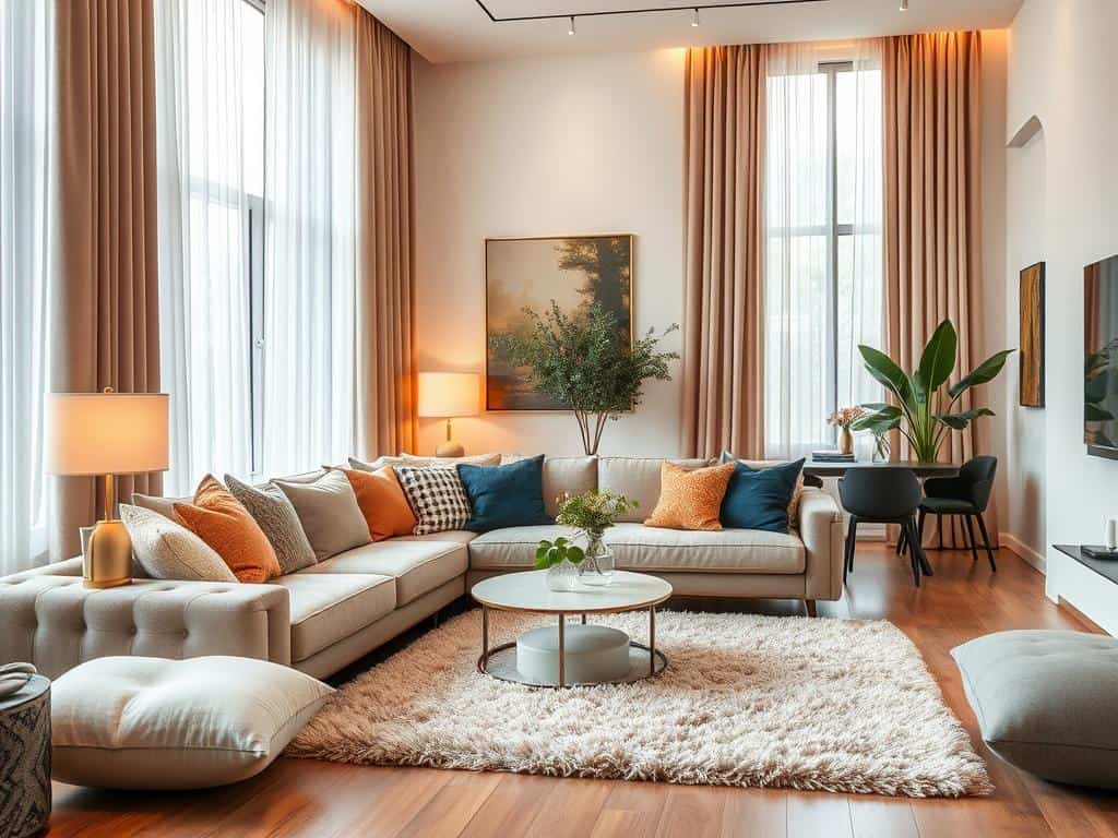 Kissen, Teppiche und Vorhänge im Wohnzimmer