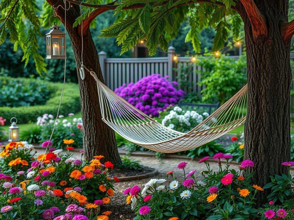 Gartengestaltung Duftgarten Hängematte stimmungsvolle Beleuchtung Entspannung Gartengestaltung Duftgarten Hängematte stimmungsvolle Beleuchtung Entspannung